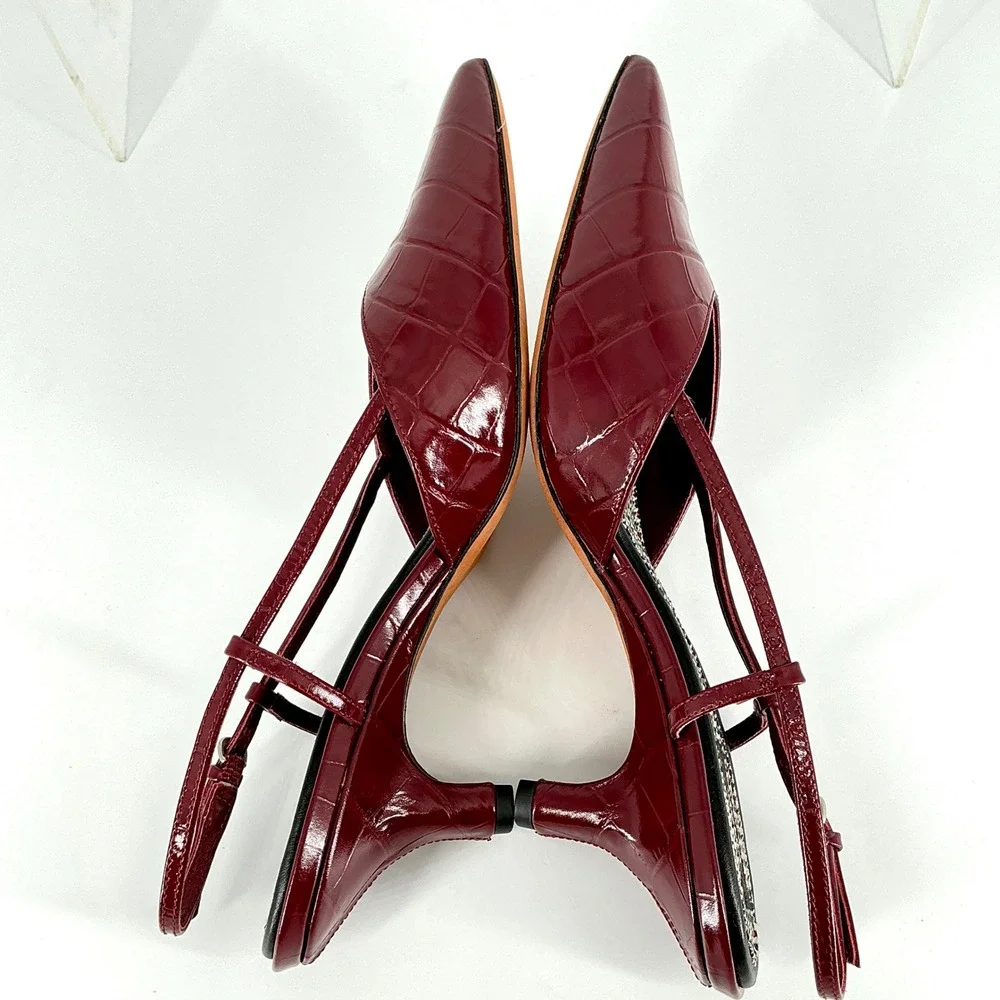 Vince Size 8.5 Burgundy Croc Print Leather Slingback Kitten Heels NEW Pumps $375